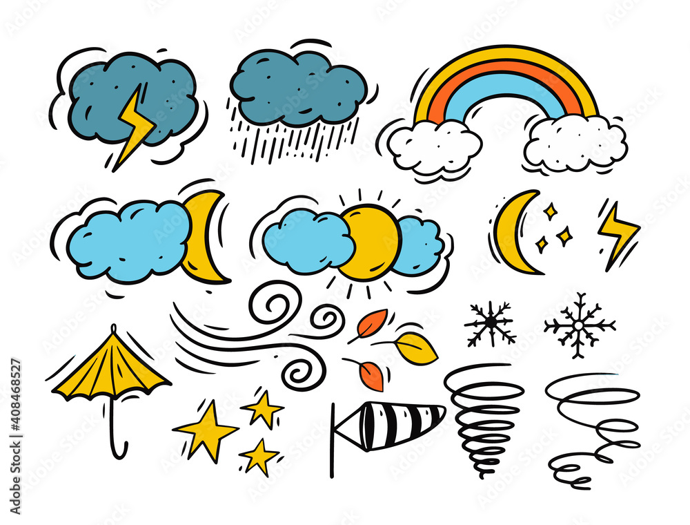 Weather and clouds doodle set. Hand drawn colorful cartoon vector illustration. Weather and clouds doodle set. Hand drawn colorful cartoon vector illustration.