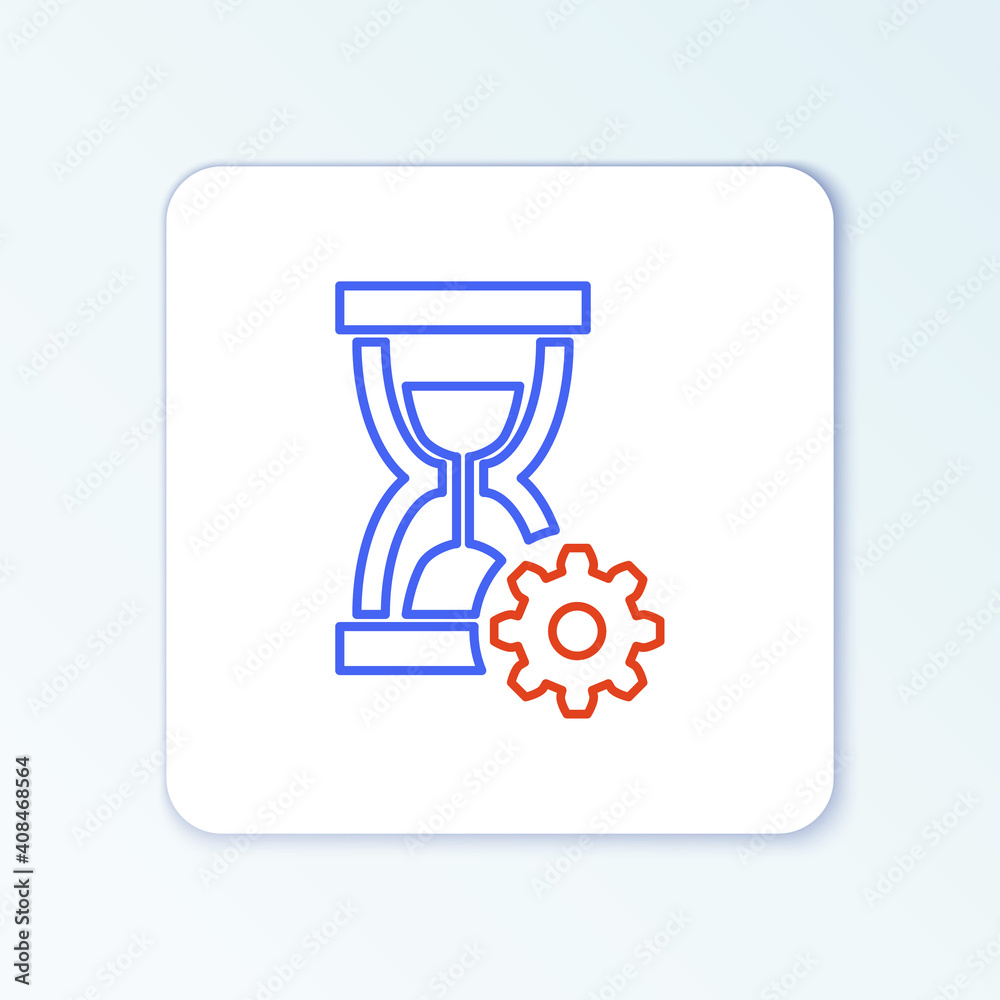 Line Hourglass and gear icon isolated on white background. Time Management symbol. Clock and gear icon. Productivity symbol. Colorful outline concept. Vector. Line Hourglass and gear icon isolated on white background. Time Management symbol. Clock and gear icon. Productivity symbol. Colorful outline concept. Vector.
