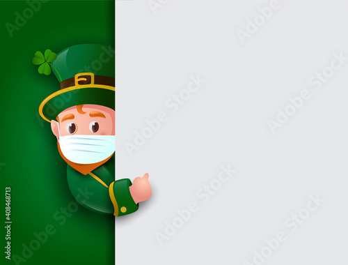 Happy St. Patrick's Day. Leprechaun wearing face mask with big signboard.