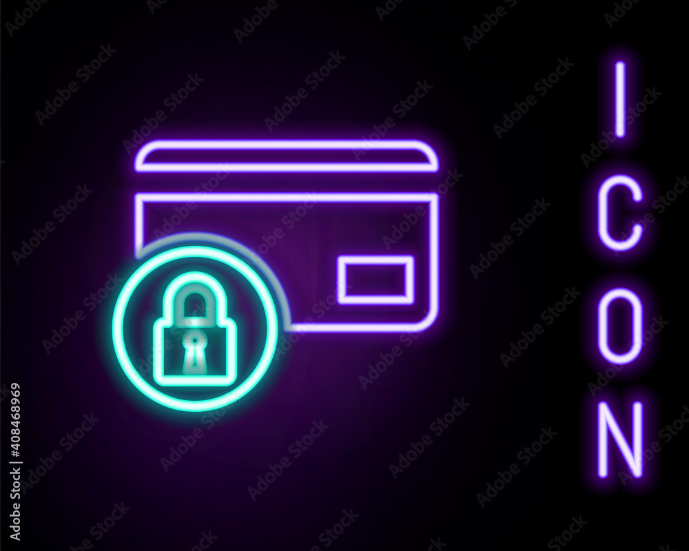 Glowing neon line Credit card with lock icon isolated on black background. Locked bank card. Security, safety, protection concept. Concept of a safe payment. Colorful outline concept. Vector. Glowing neon line Credit card with lock icon isolated on black background. Locked bank card. Security, safety, protection concept. Concept of a safe payment. Colorful outline concept. Vector.