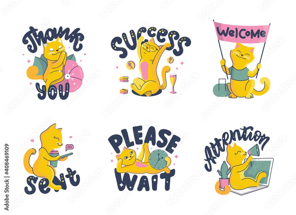 The set of vector illustrations with bulldogs for different topics, web designs. Collection of cartoon animals with lettering phrases.
