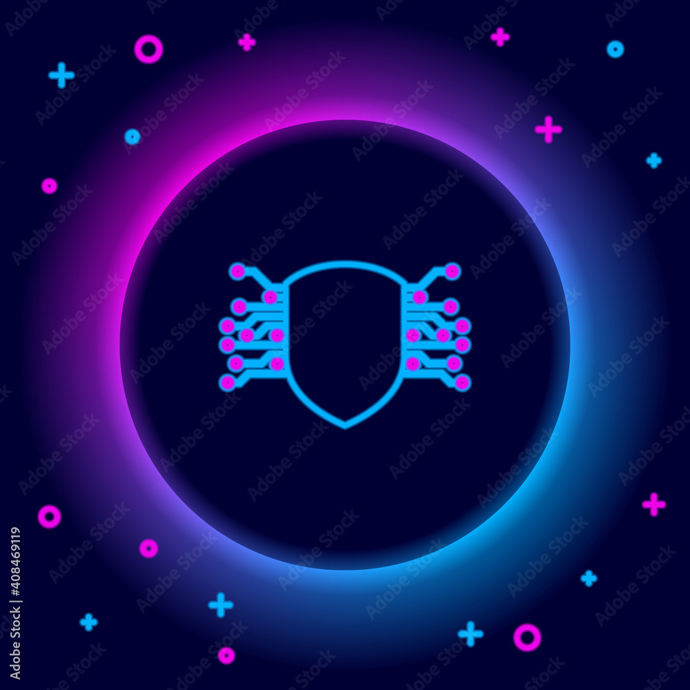 Glowing neon line Cyber security icon isolated on black background. Shield sign. Safety concept. Digital data protection. Colorful outline concept. Vector. Glowing neon line Cyber security icon isolated on black background. Shield sign. Safety concept. Digital data protection. Colorful outline concept. Vector.