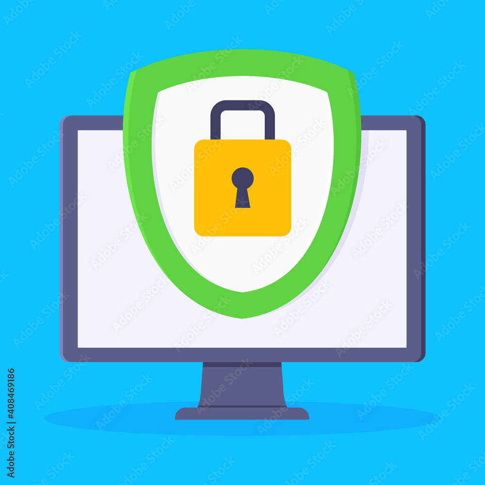 Privacy policy, safety lock and data protection metaphor. Shield with padlock on the computer monitor screen with personal data security protection symbol flat style design vector illustration. Privacy policy, safety lock and data protection metaphor. Shield with padlock on the computer monitor screen with personal data security protection symbol flat style design vector illustration.
