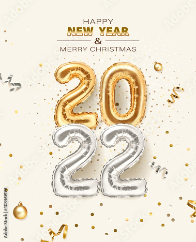 2022 golden decoration holiday on beige background. Shiny party background. Gold foil balloons numeral 2022 with realistic festive objects, glitter gold confetti and serpentine. Happy new year 2022