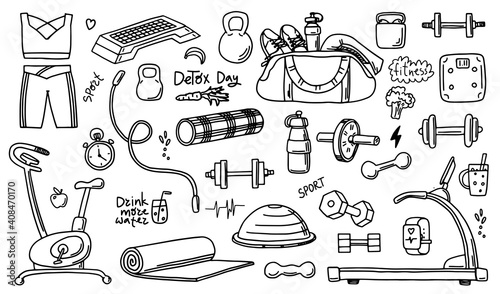 Set of hand drawn sport doodle with ball, bottle, medal, food, diet, fitness and gym elements. Cartoon sketch style. Vector illustration for healthy and activity life design concept.