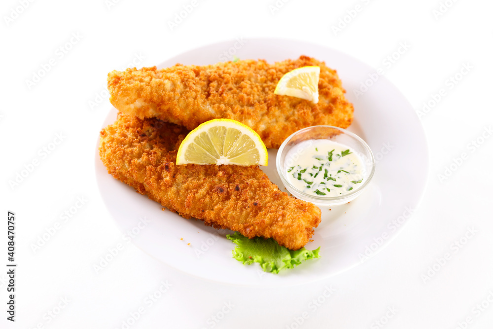 crispy breaded fish with sauce isolated on white background crispy breaded fish with sauce isolated on white background