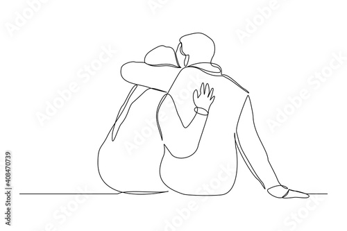Continuous line drawing of romantic couple hug. Single one line art of back view of young happy couple sitting and looking in the same direction.