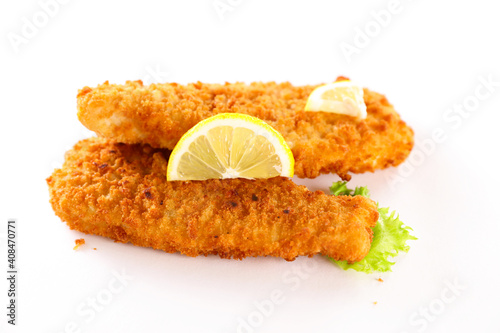 Photography crispy breaded fish with sauce  isolated on white background