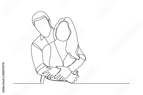 Continuous line drawing of romantic couple hug. Single one line art of young happy couple embracing