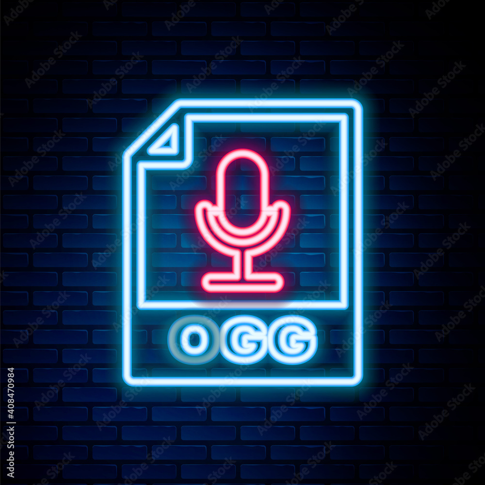 Glowing neon line OGG file document. Download ogg button icon isolated on brick wall background. OGG file symbol. Colorful outline concept. Vector. Glowing neon line OGG file document. Download ogg button icon isolated on brick wall background. OGG file symbol. Colorful outline concept. Vector.