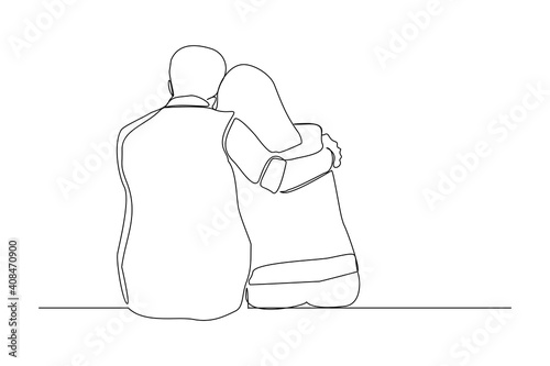 Continuous line drawing of romantic couple hug. Single one line art of back view of young happy couple sitting and looking in the same direction.