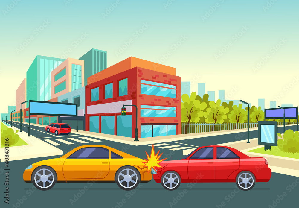 Traffic accident at an crossroads in city, collision of two cars. Failure to respect traffic rules. Road traffic accident concept Traffic accident at an crossroads in city, collision of two cars. Failure to respect traffic rules. Road traffic accident concept