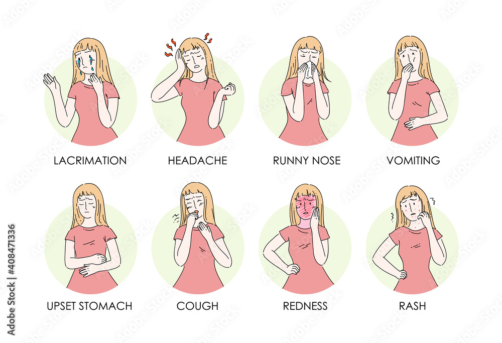 Cartoon character woman infographics with allergy symptoms. Symptoms of