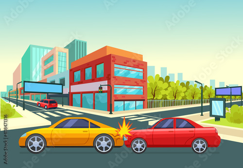 Fototapeta Naklejka Na Ścianę i Meble -  Traffic accident at an crossroads in city, collision of two cars. Failure to respect traffic rules. Road traffic accident concept