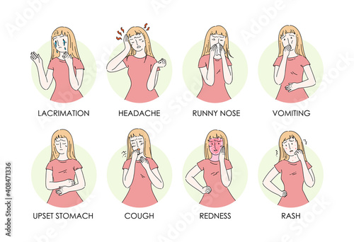 Cartoon character woman infographics with allergy symptoms. Symptoms of disease. Lacrimation, headache, nausea, vomiting, rash, itching, sore throat, cough, redness of face, diarrhea