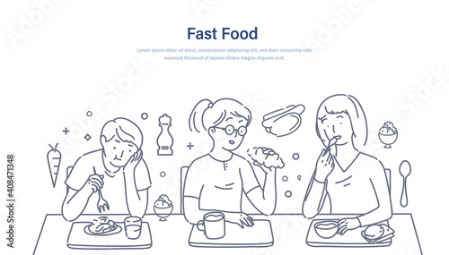 Students lunch time. Group of young people eating fast food, ice cream, sweet, drink coffee. Friends students sitting together at the table chatting communicate together and having lunch