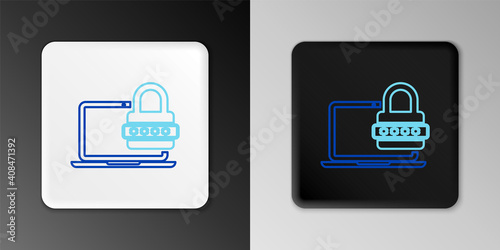 Line Laptop with password notification and lock icon isolated on grey background. Security, personal access, user authorization, login form. Colorful outline concept. Vector.