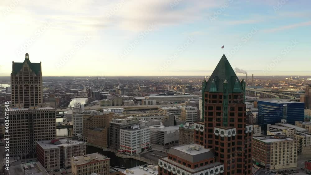 Aerial view of downtown Milwaukee, Wisconsin. Daytime, cloudy Aerial view of downtown Milwaukee, Wisconsin. Daytime, cloudy