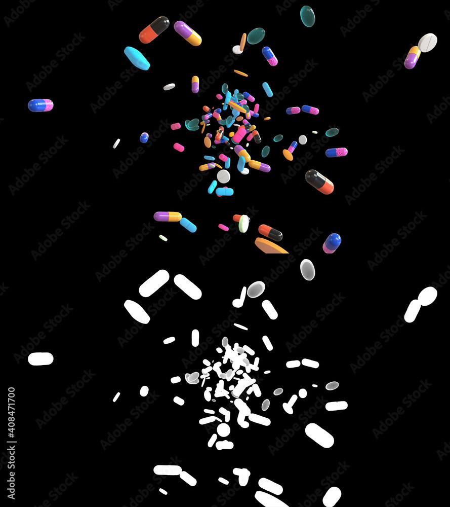 3D illustration of medicine pills flow with alpha layer 3D illustration of medicine pills flow with alpha layer