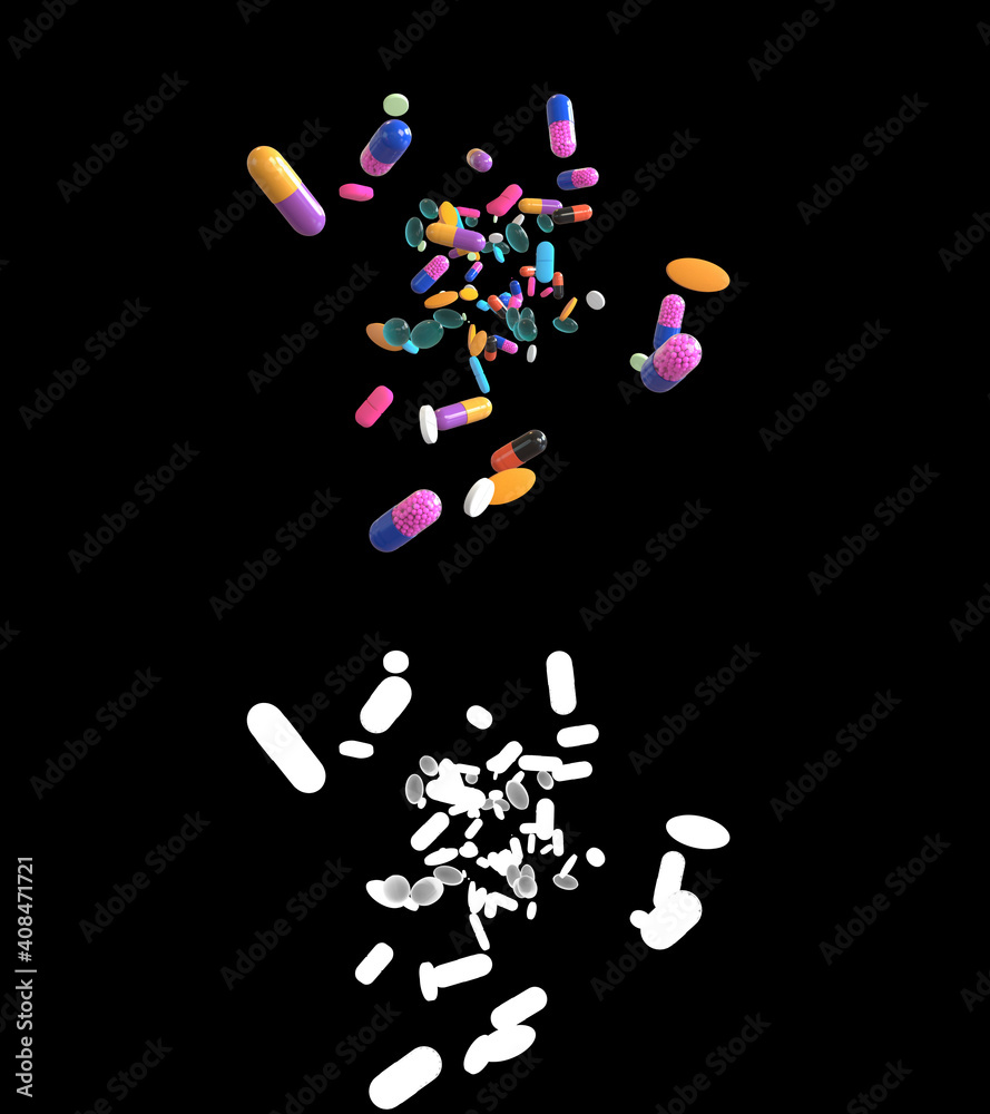 3D illustration of medicine pills flow with alpha layer 3D illustration of medicine pills flow with alpha layer