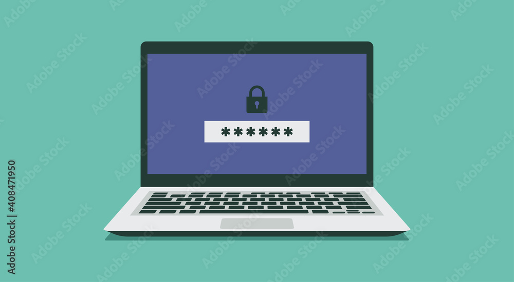 laptop computer with lock and password security access or verification code notification, vector flat illustration laptop computer with lock and password security access or verification code notification, vector flat illustration