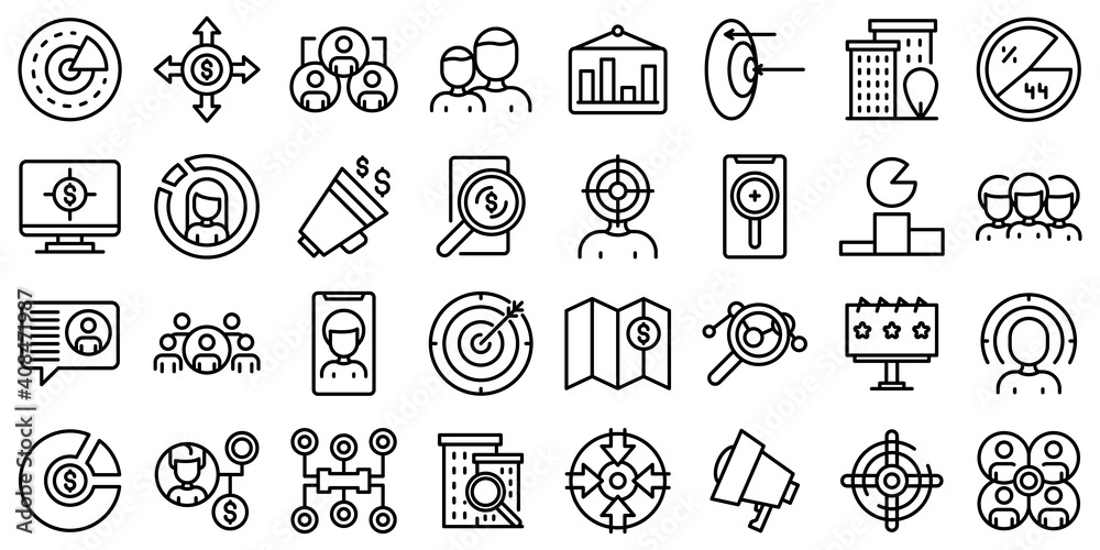 Target audience icons set. Outline set of target audience vector icons ...