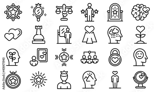 Self-esteem icons set. Outline set of self-esteem vector icons for web design isolated on white background photo