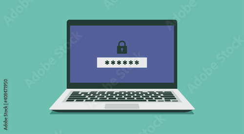 laptop computer with lock and password security access or verification code notification, vector flat illustration