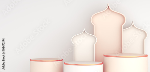 Photography Islamic display podium decoration background on white, ramadan kareem, mawlid, iftar, isra  miraj, eid al fitr adha, muharram, copy space text area, 3D illustration