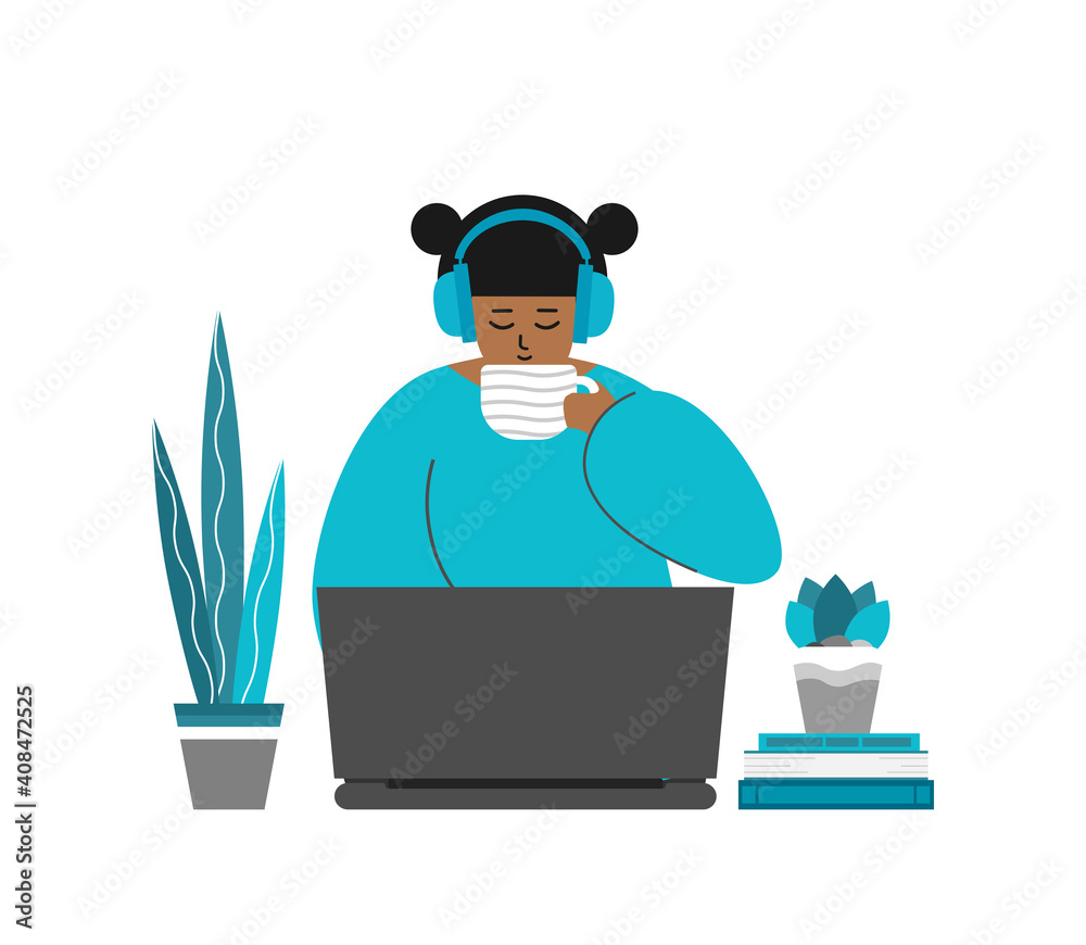 Vector isolated flat illustration. Adult young Asian woman sits with laptop, cup of coffee. Online education and distant work on online stream service in quarantine time. Freelance lifestyle at home Vector isolated flat illustration. Adult young Asian woman sits with laptop, cup of coffee. Online education and distant work on online stream service in quarantine time. Freelance lifestyle at home