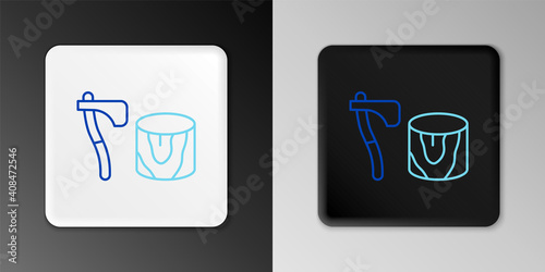 Line Wooden axe in stump icon isolated on grey background. Lumberjack axe. Axe stuck in wood. Chopping wood. Colorful outline concept. Vector.