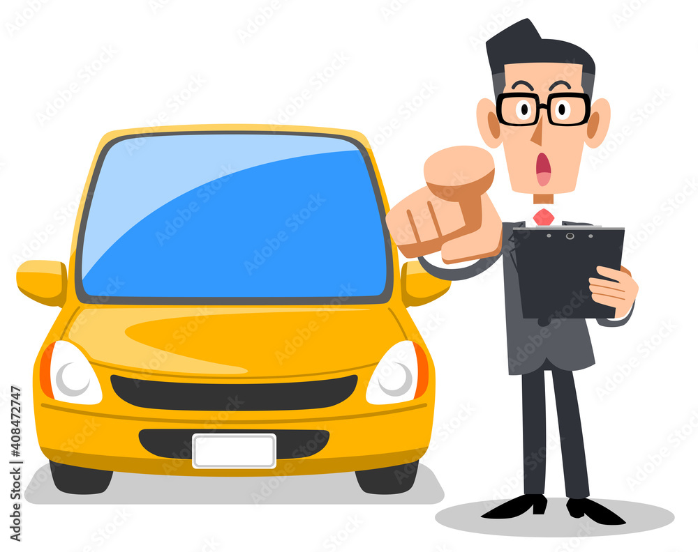 書類を手に持ち指摘するスーツの男性と車
