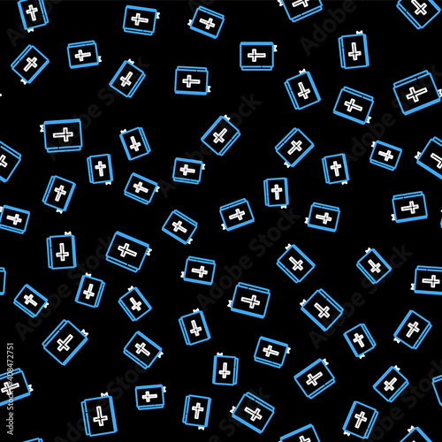 Line Holy bible book icon isolated seamless pattern on black background. Vector.