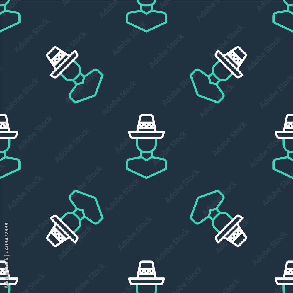 Line Mexican man wearing sombrero icon isolated seamless pattern on black background. Hispanic man with a mustache. Vector. Line Mexican man wearing sombrero icon isolated seamless pattern on black background. Hispanic man with a mustache. Vector.