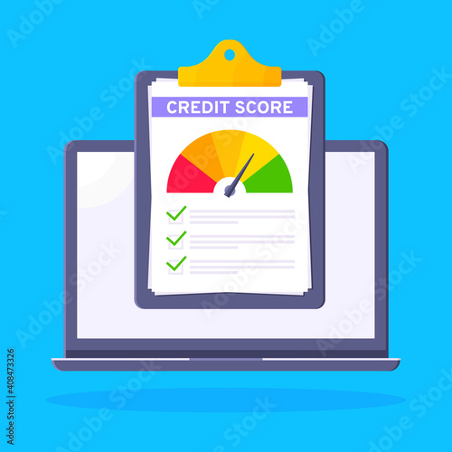Credit score gauge speedometer indicator with color levels on clipboard. Measurement from poor to excellent rating for credit or mortgage loans flat style design vector illustration.