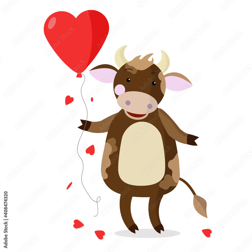 Fototapeta premium Bull in love With a large red heart-shaped balloon and thrown paper hearts. Vector illustration on white background with cute character for Valentine's Day greeting card.