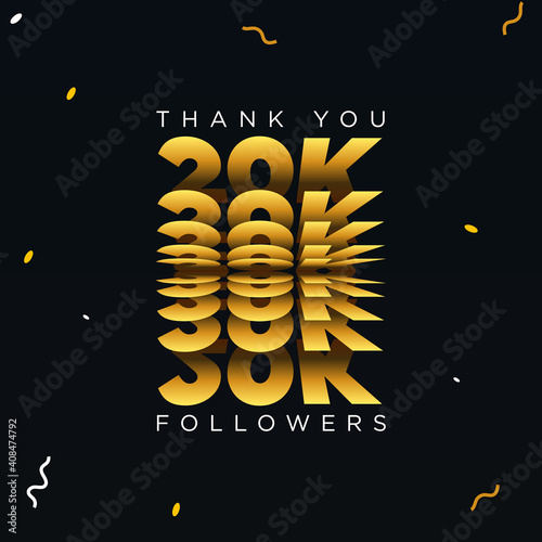 Thank you 20K or twenty thousand followers. Black and gold color vector illustration.
