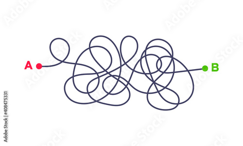 Complex way from point A to B vector illustration. Chaos simplifying, problem solving and business solution searching challenge concept. Hand drawn doodle scribble chaos path lines.