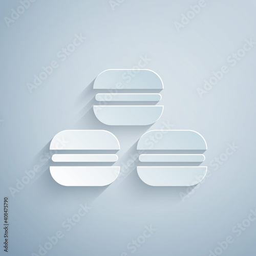 Paper cut Macaron cookie icon isolated on grey background. Macaroon sweet bakery. Paper art style. Vector.
