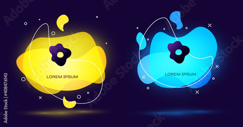 Black Scrambled eggs icon isolated on black background. Home cooked food, fried egg, healthy breakfast, omelet icon. Abstract banner with liquid shapes. Vector.