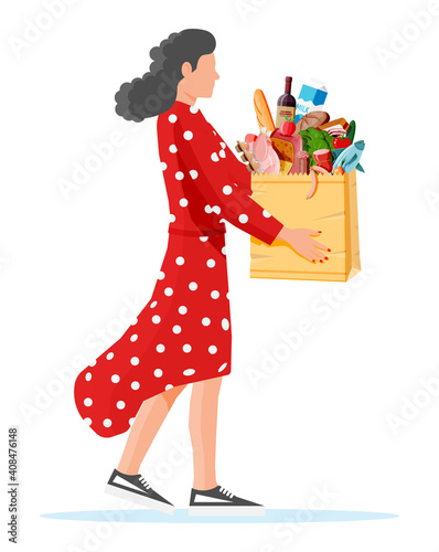 Woman with shopping bag full of fresh products. Grocery store supermarket. Food and drinks. Milk, vegetables, meat, chicken cheese, sausages, salad, bread cereal steak egg. Flat vector illustration