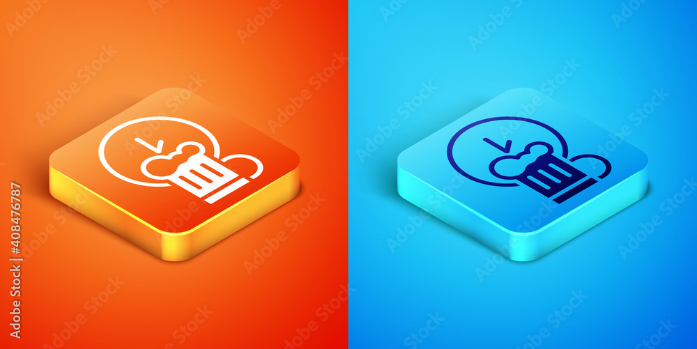 Isometric Happy hour with wooden beer mug icon isolated on orange and blue background. Vector. Isometric Happy hour with wooden beer mug icon isolated on orange and blue background. Vector.