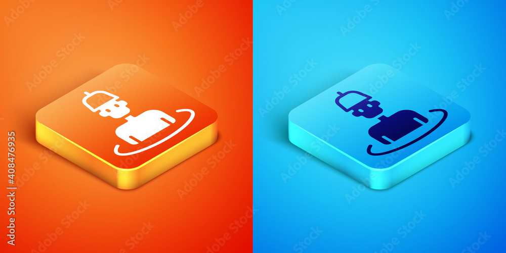 Isometric Man in the sauna icon isolated on orange and blue background. Vector. Isometric Man in the sauna icon isolated on orange and blue background. Vector.