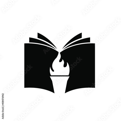 Book with fiery torch concept university education or library emblem, icon web, vector logo illustration design