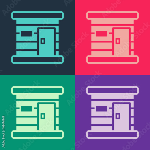 Pop art Sauna wooden bathhouse icon isolated on color background. Heat spa relaxation therapy bath and hot steam healthcare, relax therapy. Vector.