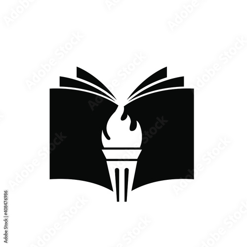 Book with fiery torch concept university education or library emblem, icon web, vector logo illustration design