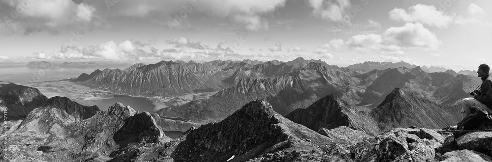 black and white landscape panoramic view from a rocky mountain on a fjord in lofoten Norway