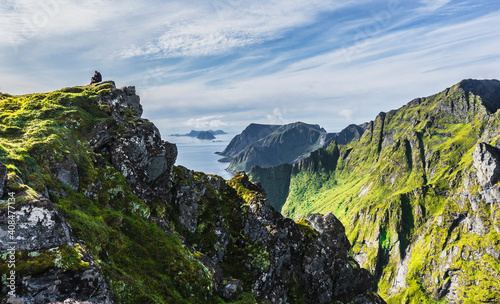 panoramic view from a rocky mountain on a fjord in lofoten Norway