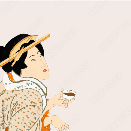 Geisha in kimono, woman in japan, traditional art style vector illustration. Japanese asian culture, beautiful fashion dress. Geisha serving chinese tea.