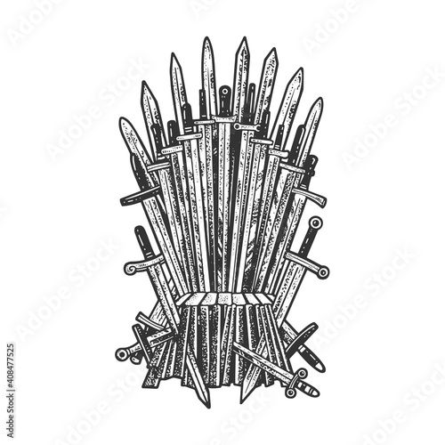fabulous royal throne of swords sketch engraving vector illustration. T-shirt apparel print design. Scratch board imitation. Black and white hand drawn image.